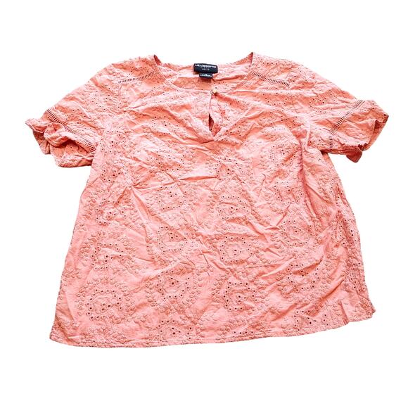 Liz Claiborne Stretch Petite Small PS Pink Eyelet Short Sleeve Blouse Top Summer - Picture 1 of 6
